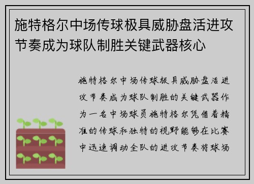 施特格尔中场传球极具威胁盘活进攻节奏成为球队制胜关键武器核心